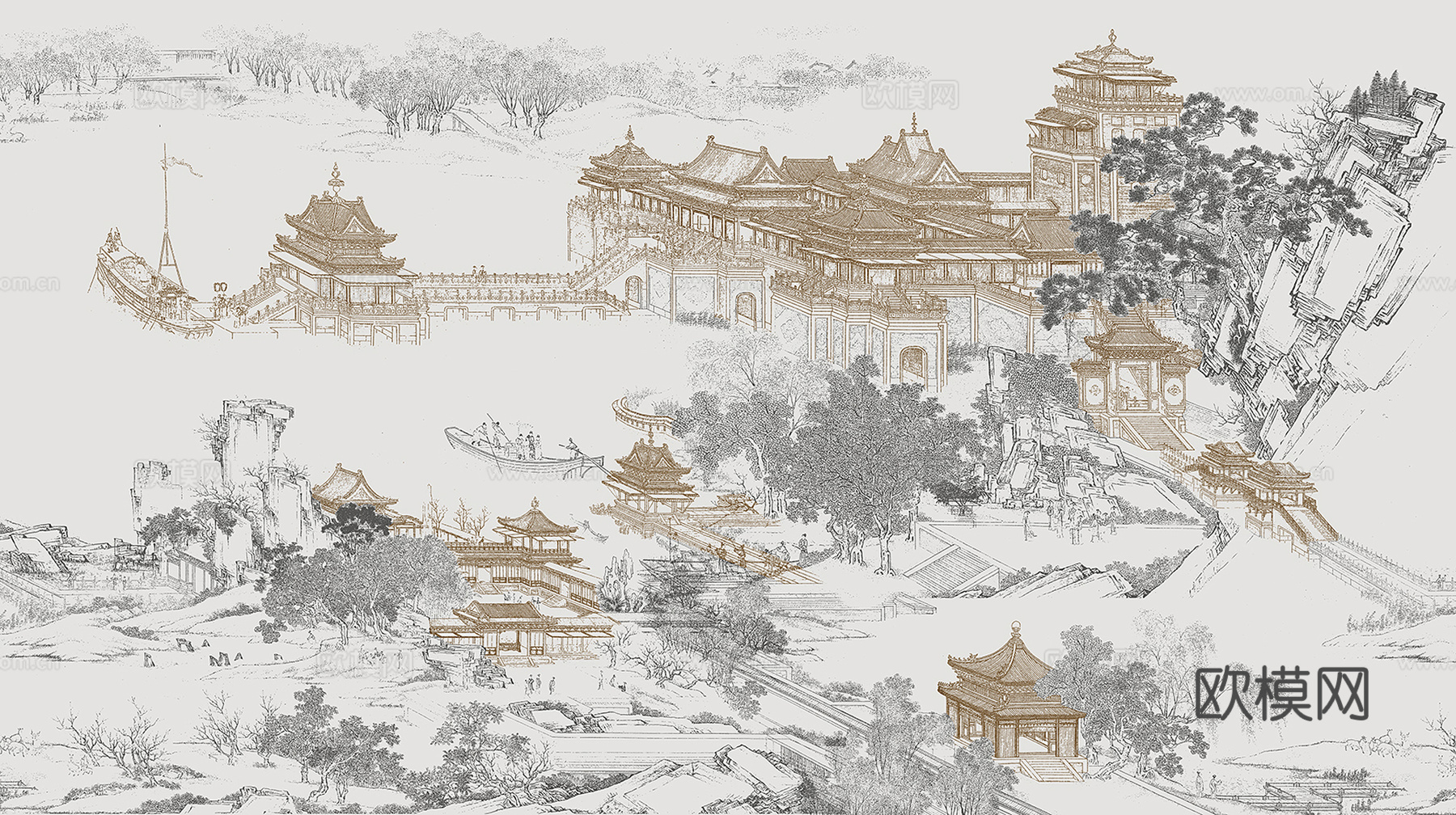 新中式山体楼阁壁画 新中式壁画 中式壁画