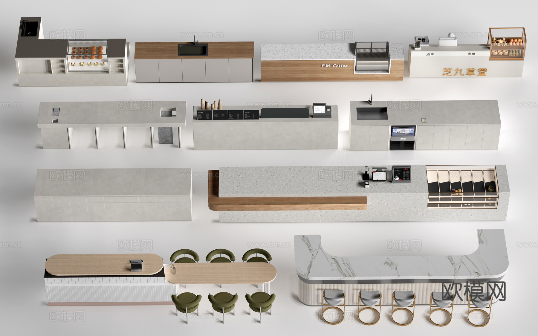 现代甜品店收银台 操作台 奶茶店吧台桌椅su模型下载（渲染图1）