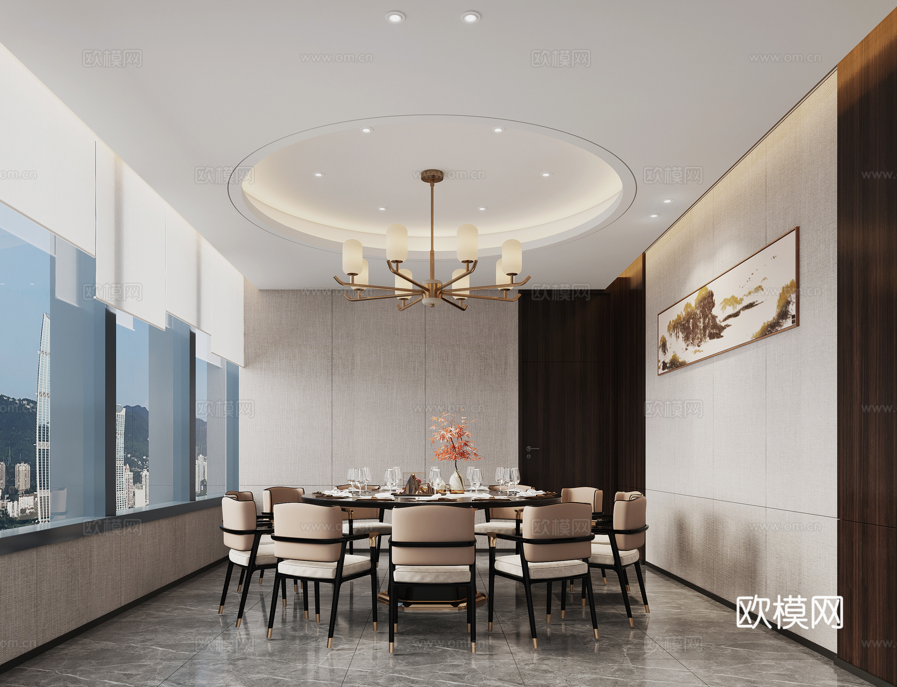 现代餐厅大包房 餐桌椅 吊灯 挂画 窗帘su模型下载（渲染图1）