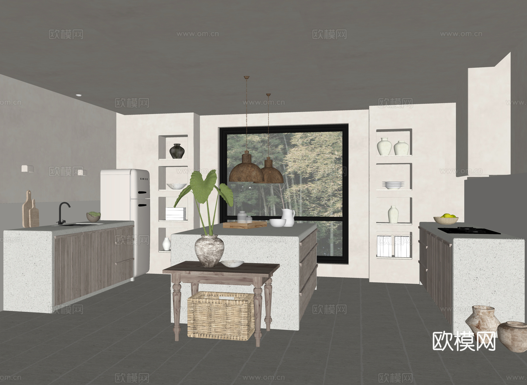 侘寂厨房 岛台 吊灯 厨房用品su模型