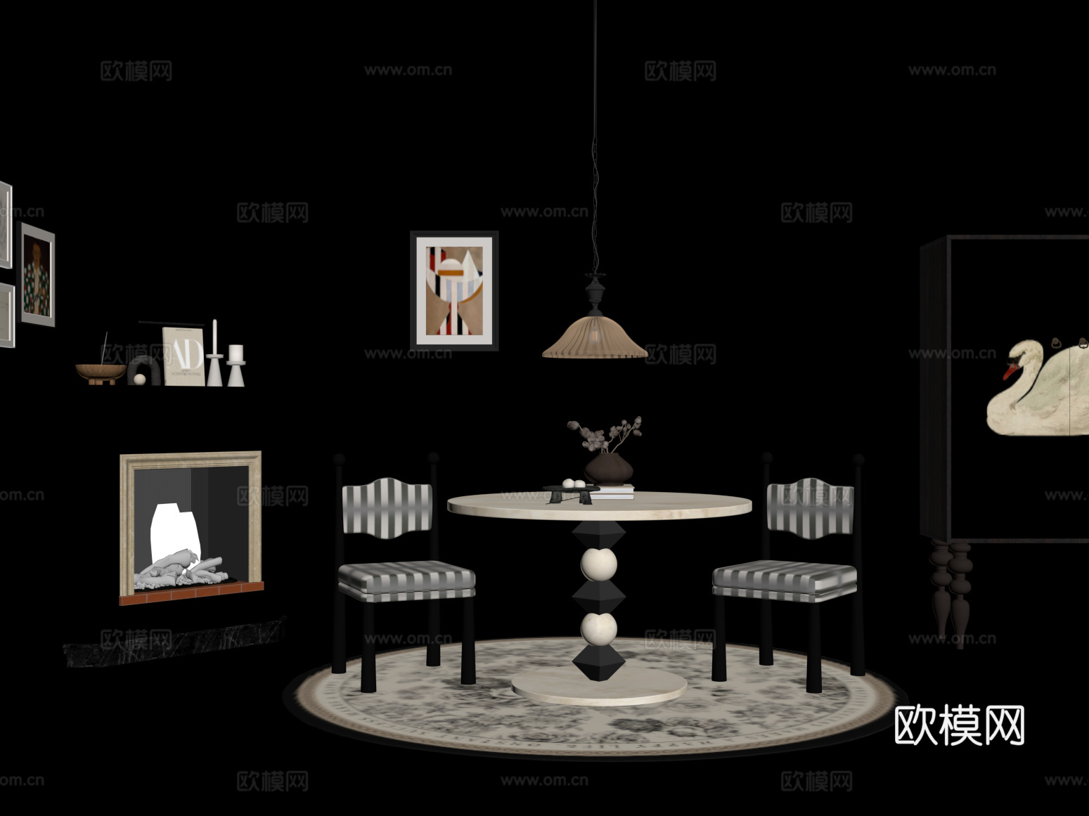 法式复古风餐厅 餐桌椅组合su模型