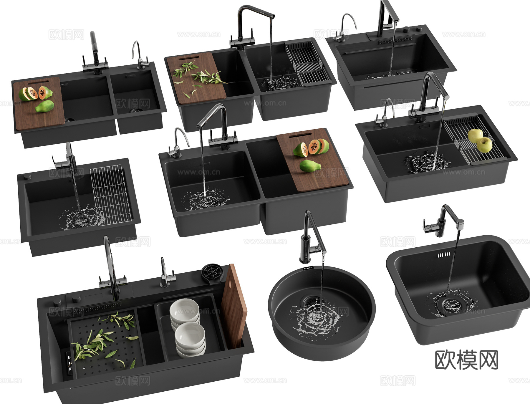现代厨房水槽 嵌入式水槽 不锈钢水槽 水龙头 水果 洗菜盆3d模型
