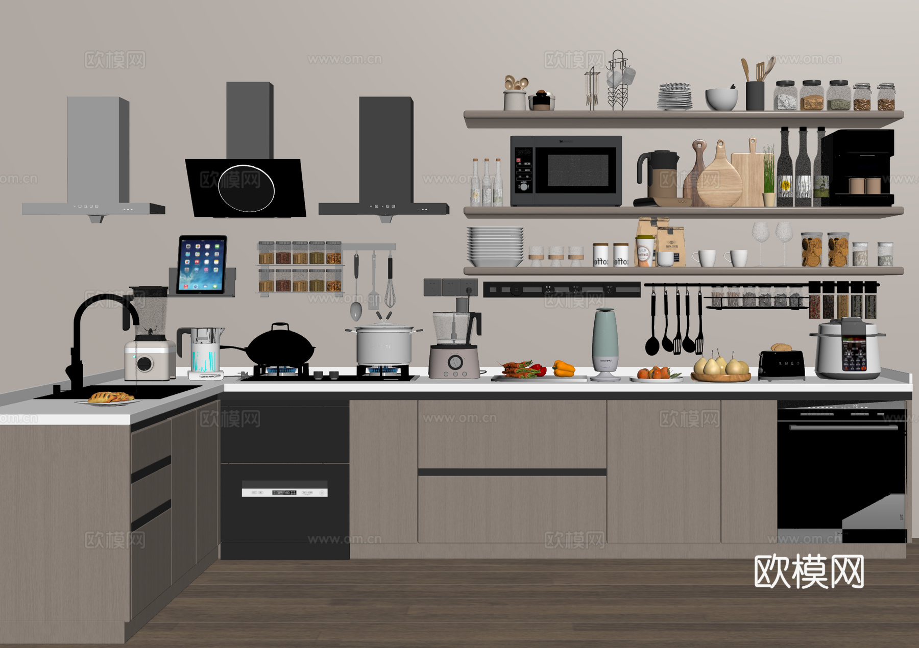 橱柜 厨房 厨具 油烟机 调料盒 厨房料台su模型