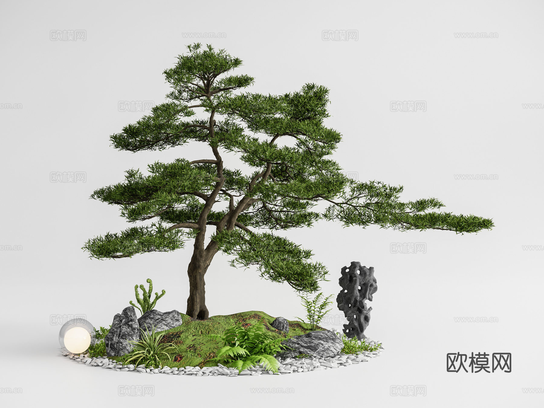 新中式庭院小品 庭院景观 松树 迎客松 老桩罗汉松 景观造景3d模型