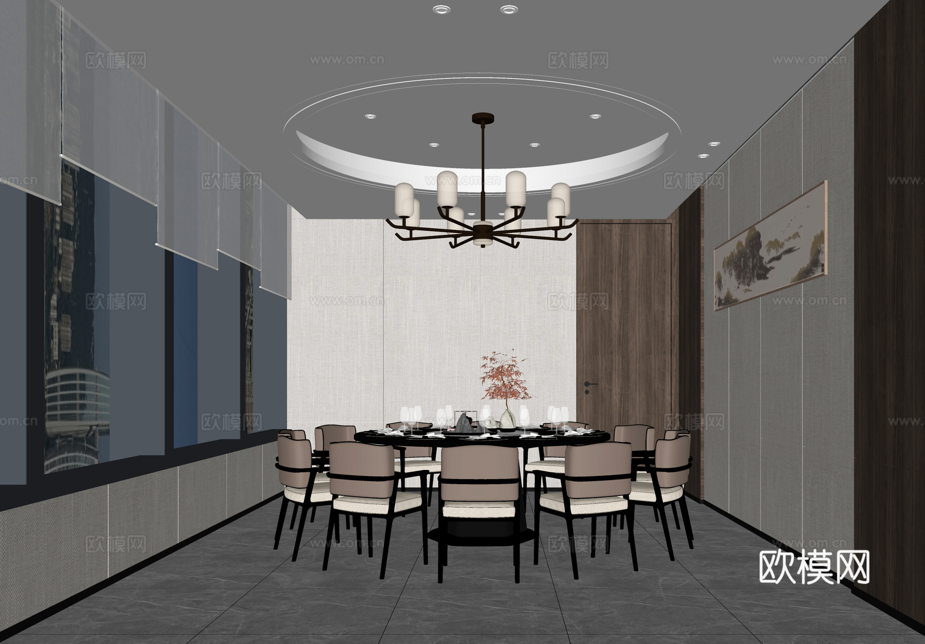 现代餐厅大包房 餐桌椅 吊灯 挂画 窗帘su模型下载（渲染图2）