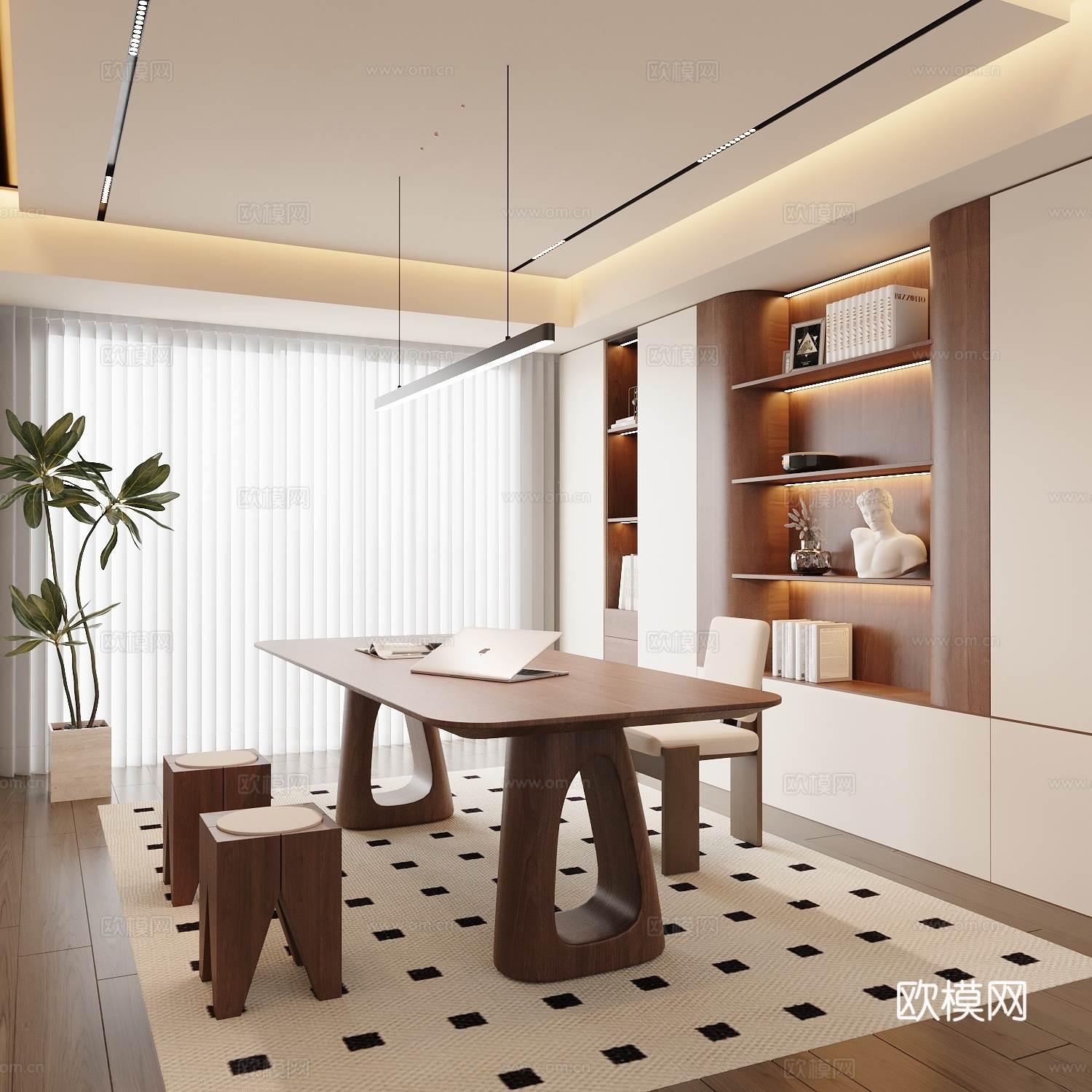 现代中古风书房 书桌椅组合 书柜3d模型