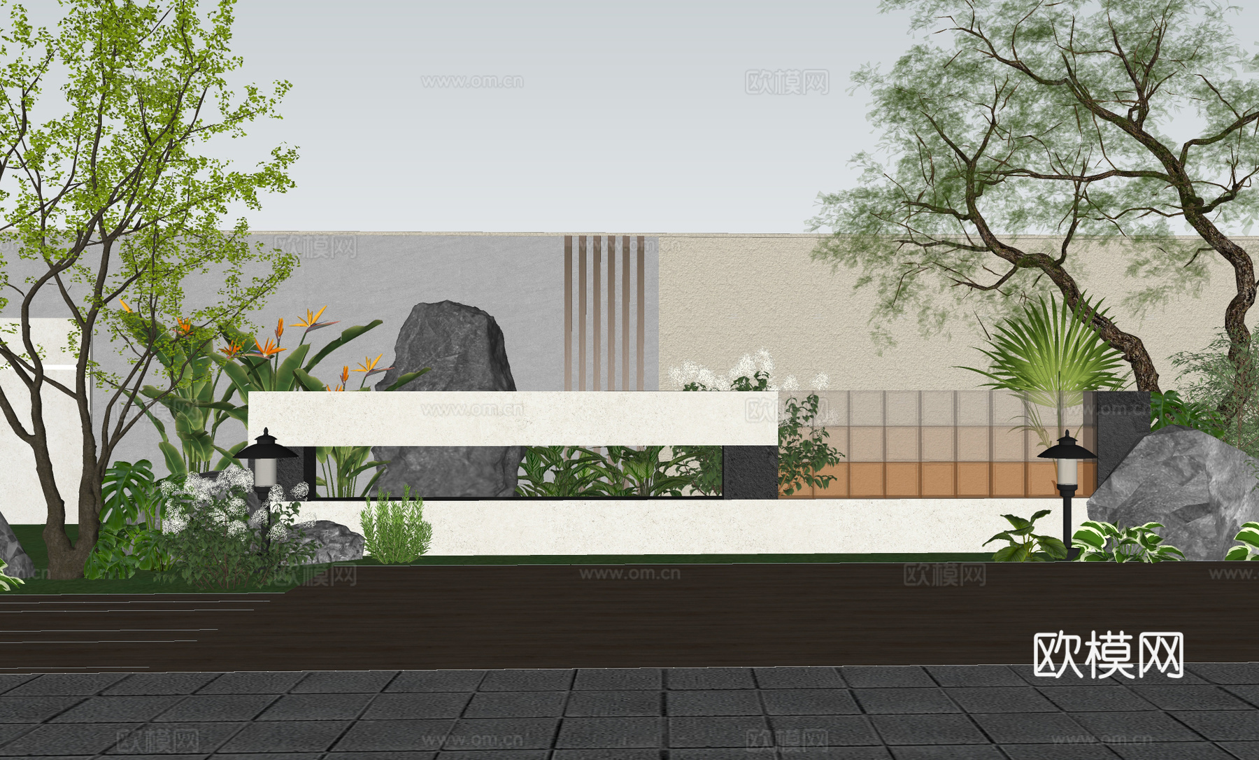 现代别墅庭院 玻璃砖景墙  景墙设计 简约风景墙免费su模型下载（渲染图2）