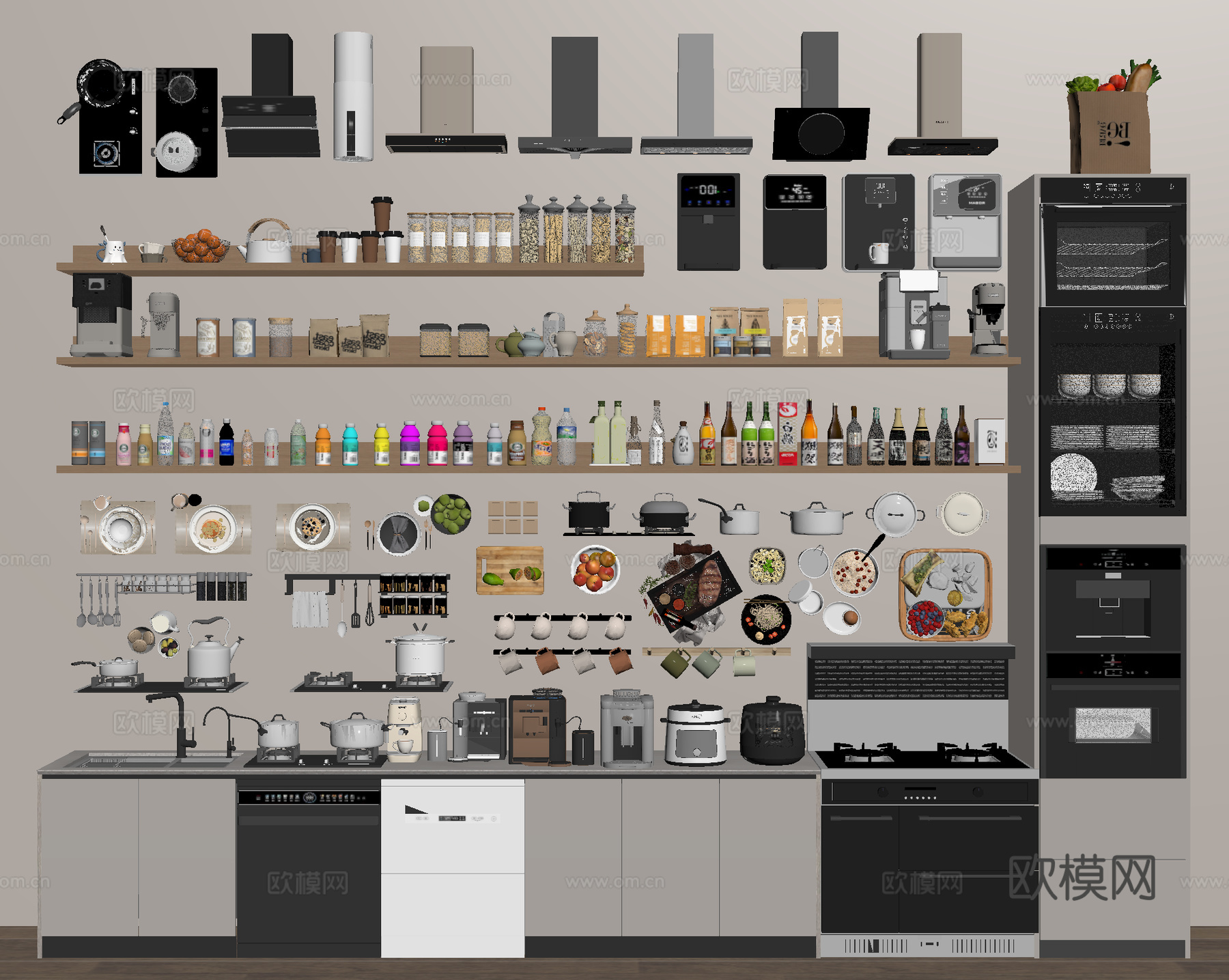 碗柜 烤箱 电饭煲 橱柜 调料瓶 油烟机 厨房吊柜su模型