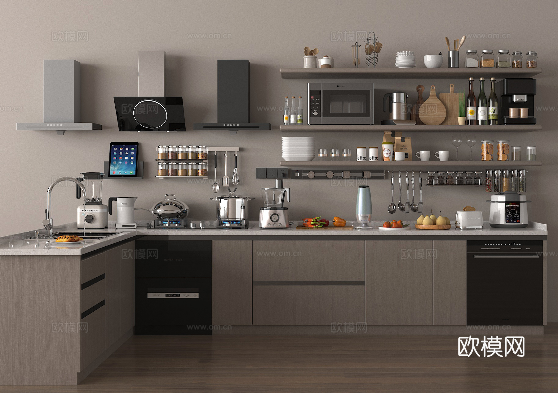 橱柜 厨房 厨具 油烟机 调料盒 厨房料台su模型
