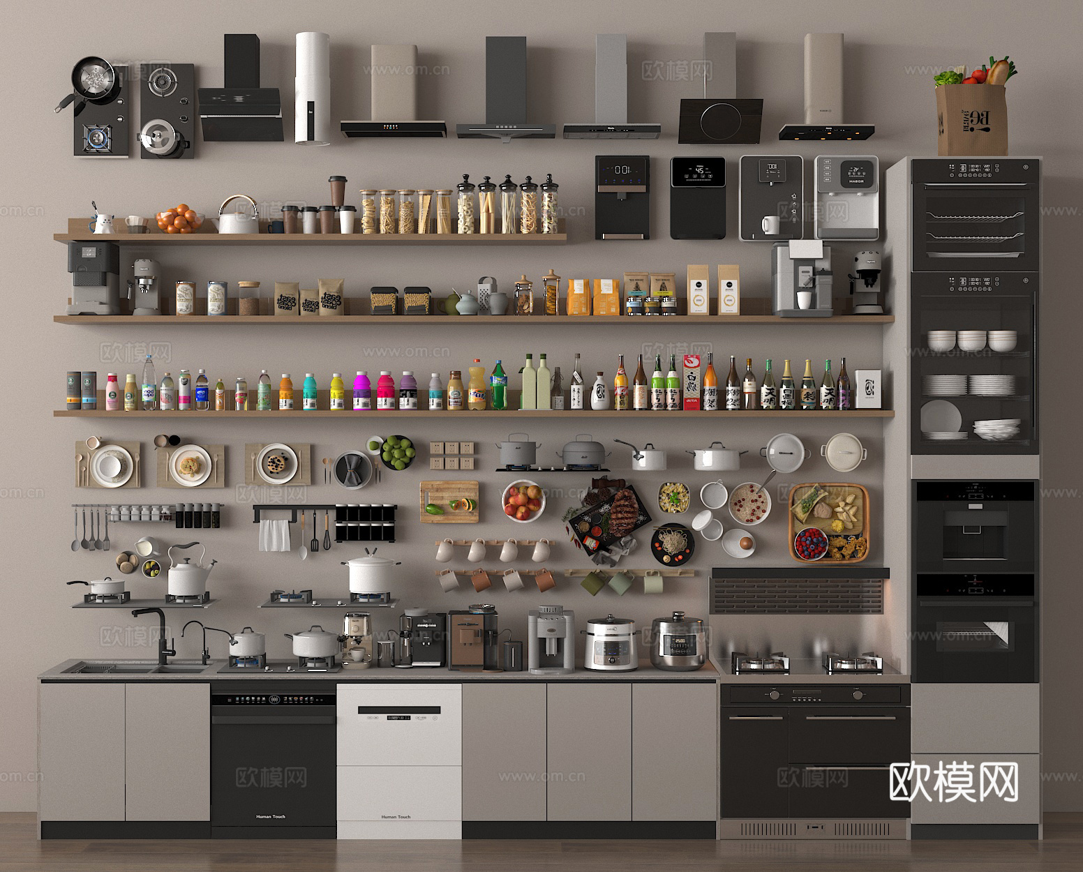 碗柜 烤箱 电饭煲 橱柜 调料瓶 油烟机 厨房吊柜su模型