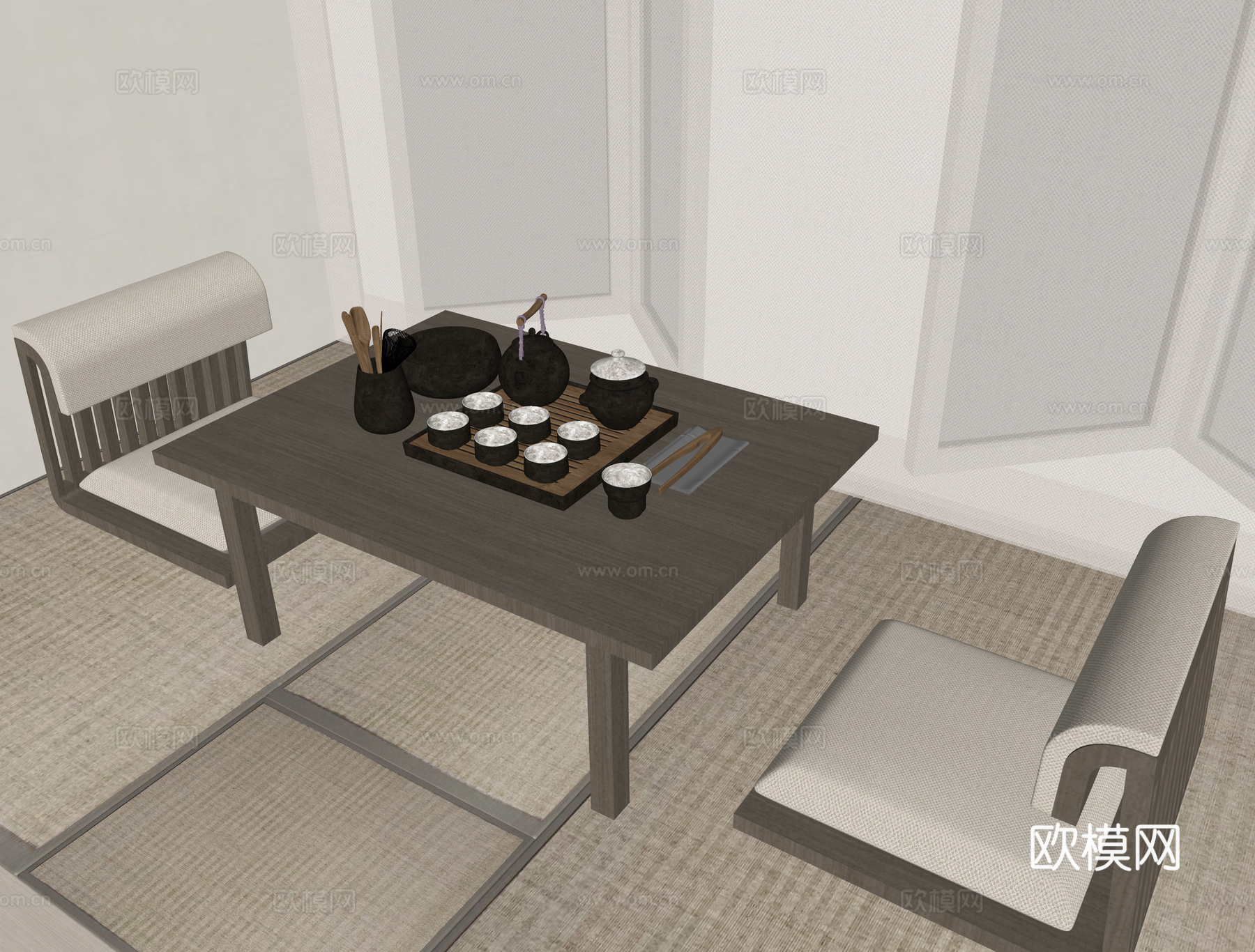 现代茶具 茶壶 茶杯 茶椅su模型下载（渲染图2）