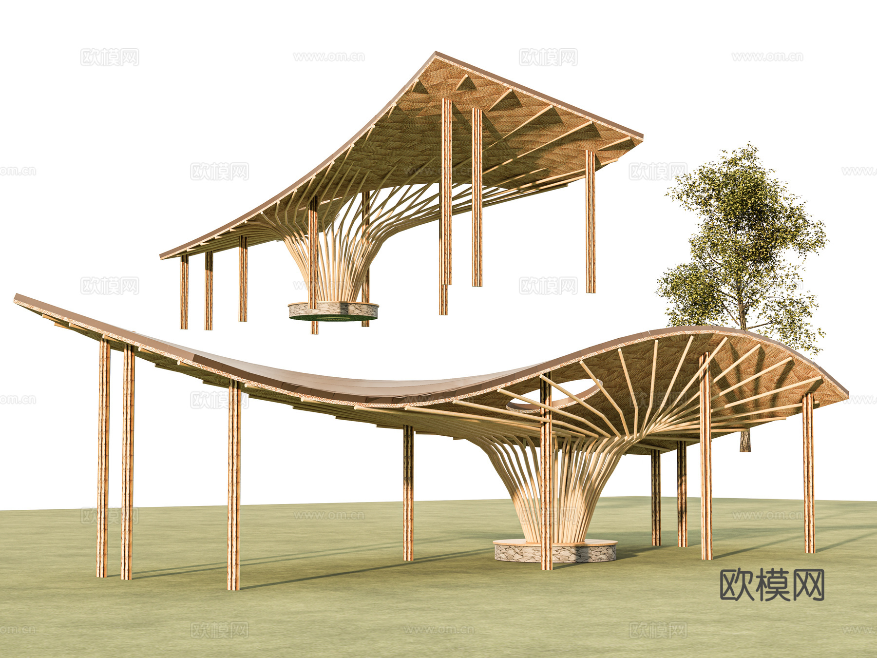 现代新中式廊架 景观公园滨水景观 景观休闲廊架 遮阳廊架 生su模型
