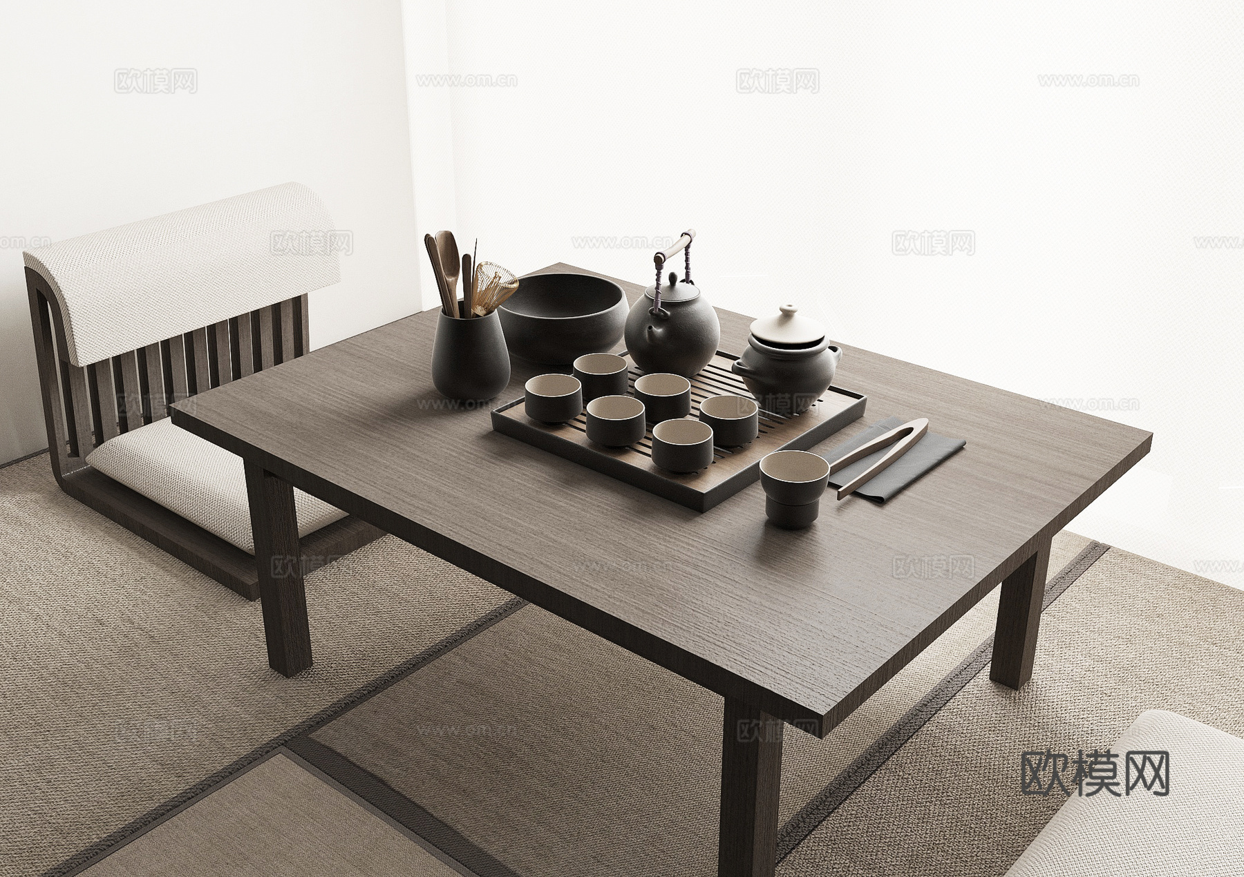 现代茶具 茶壶 茶杯 茶椅su模型下载（渲染图1）