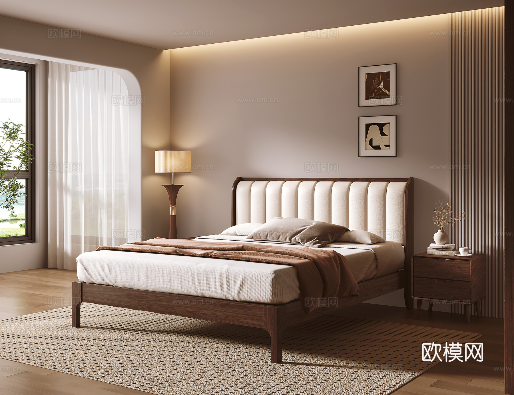 中古风软包实木双人床su模型下载（渲染图1）
