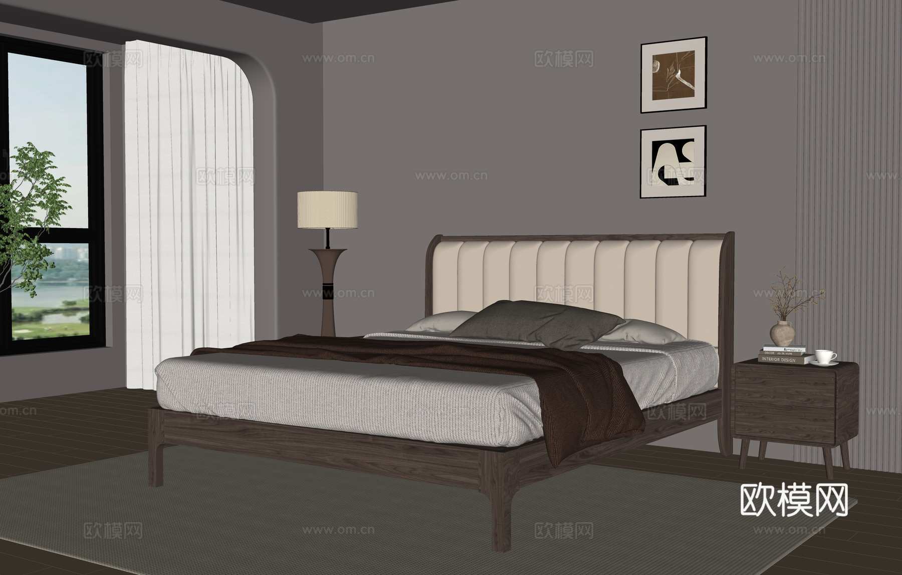 中古风软包实木双人床su模型下载（渲染图2）