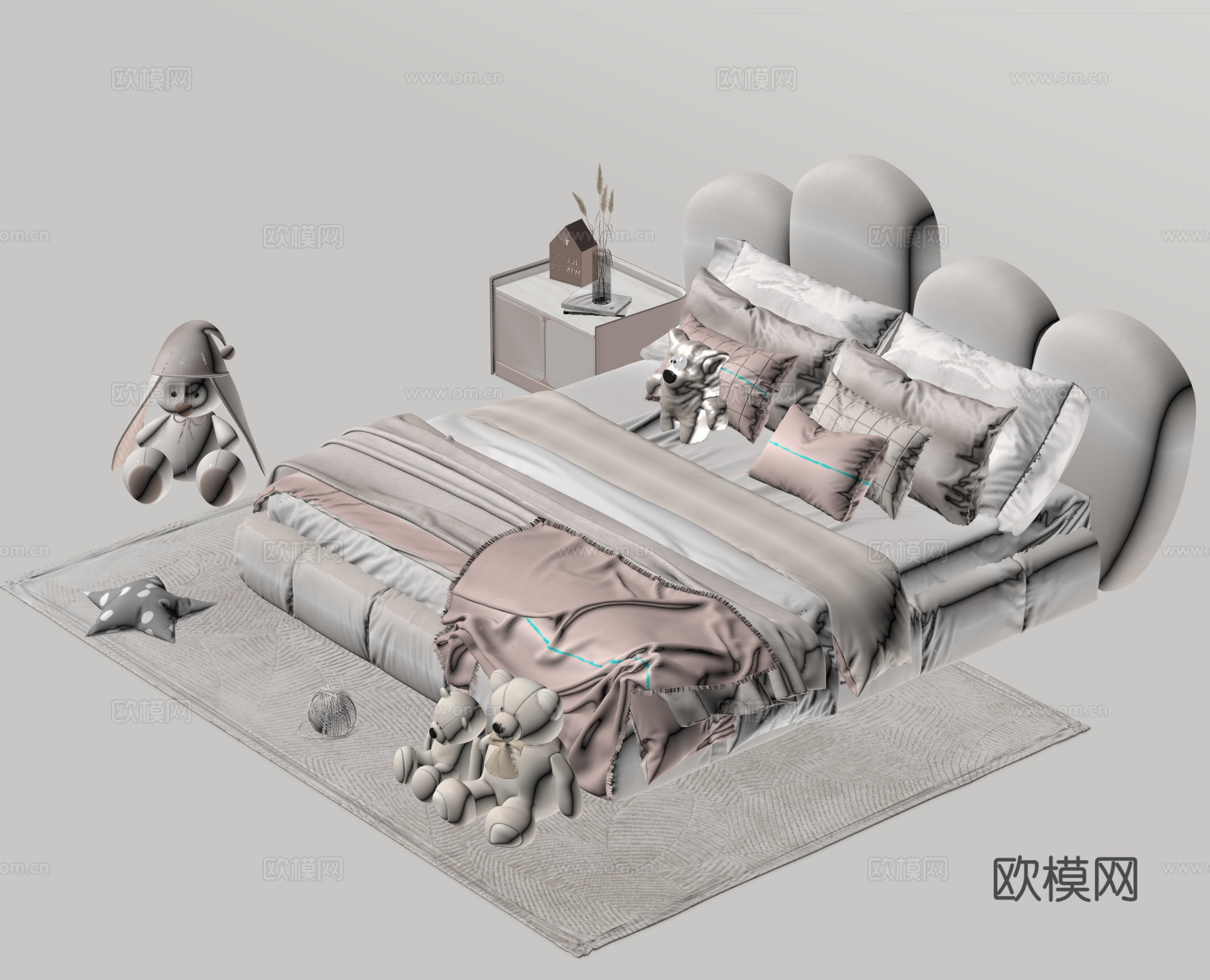 儿童床 布艺双人床su模型下载（渲染图2）