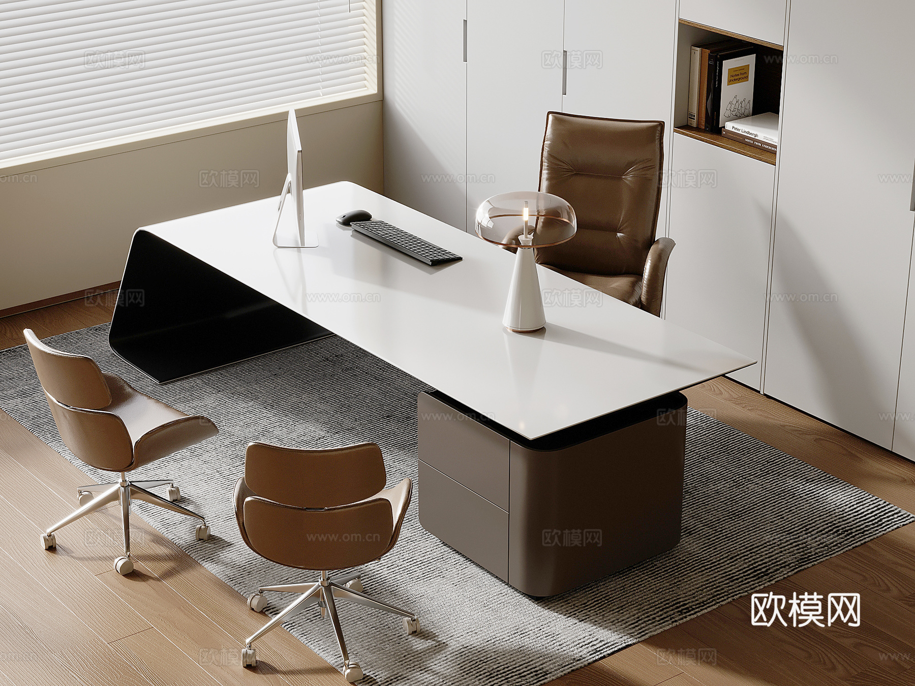 北欧办公桌椅组合 旋转老板椅办公椅su模型下载（渲染图1）