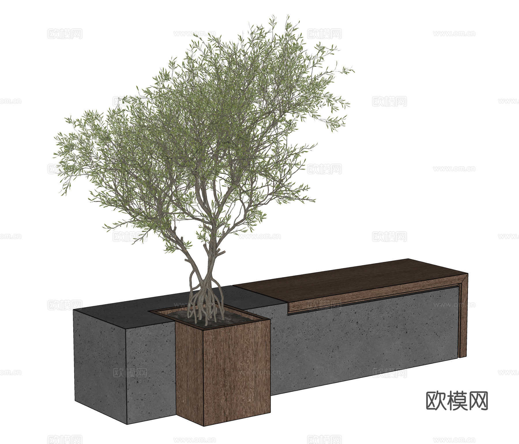 现代景观长凳 公共长凳 公园公共座椅 景观树 户外长凳su模型