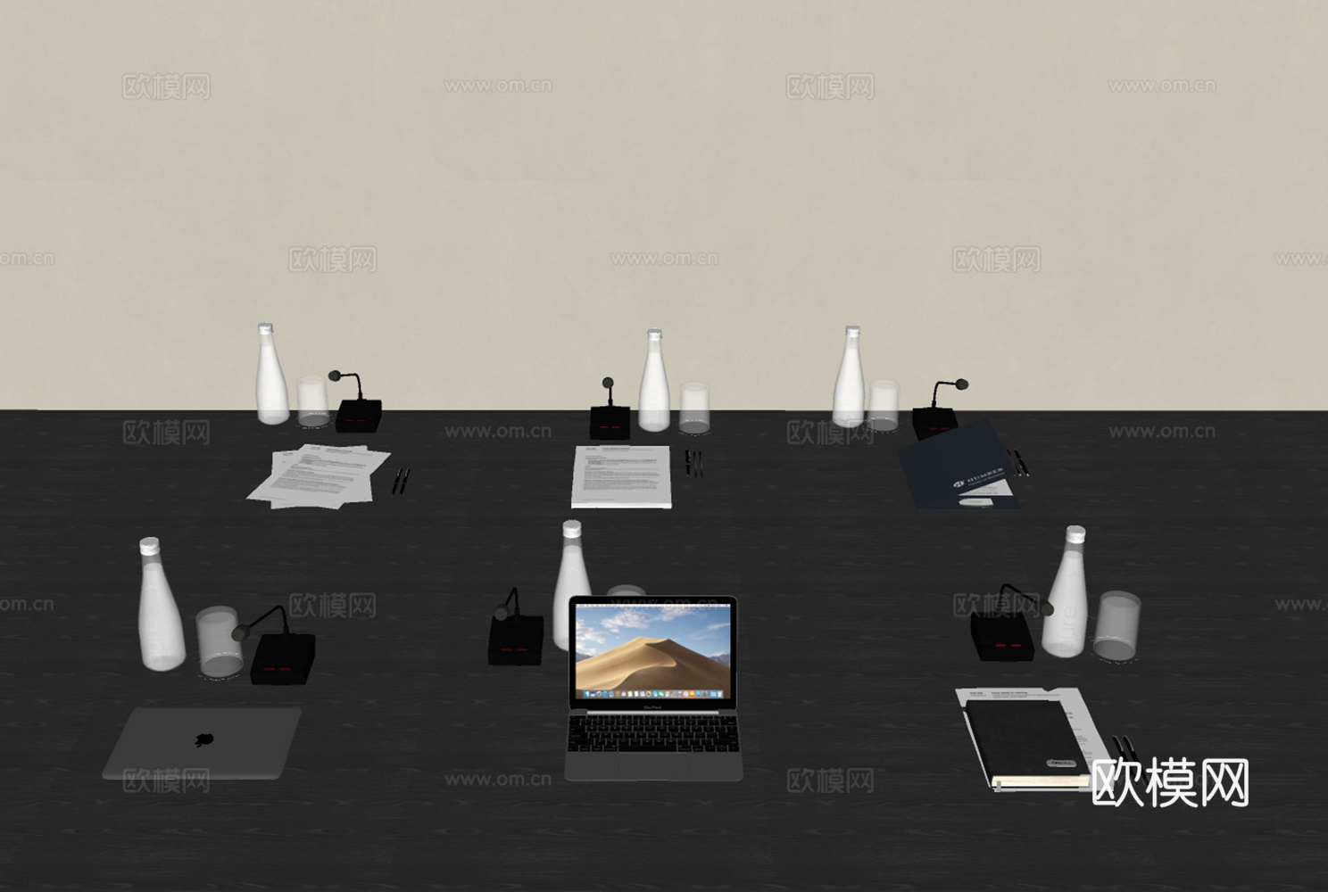 现代办公用品组合 会议桌摆件 办公桌摆件 办公用品 笔记本电su模型下载（渲染图2）