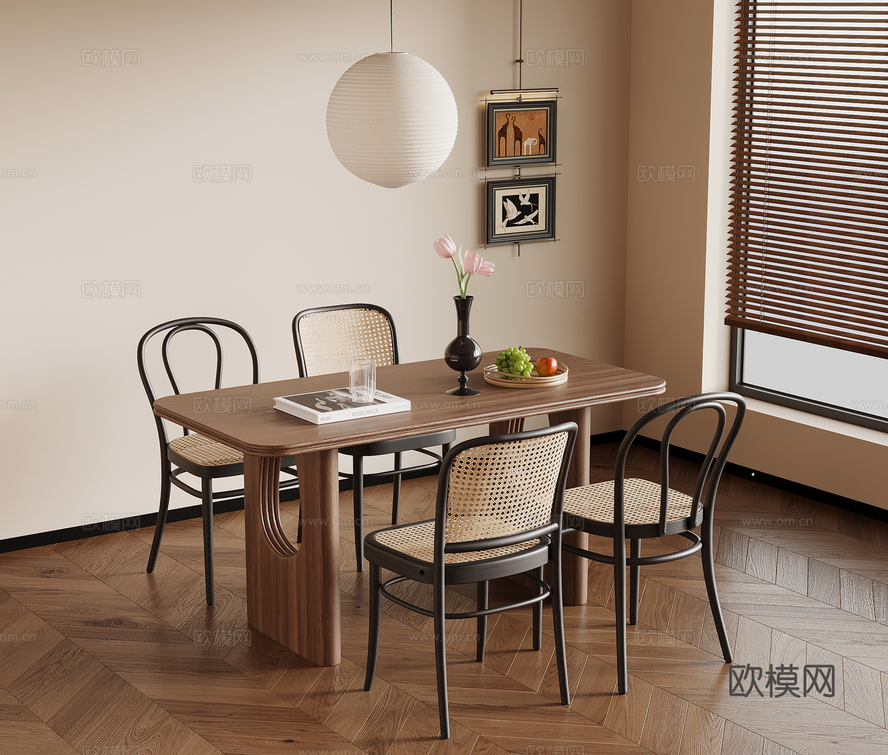 中古风餐桌椅3d模型下载