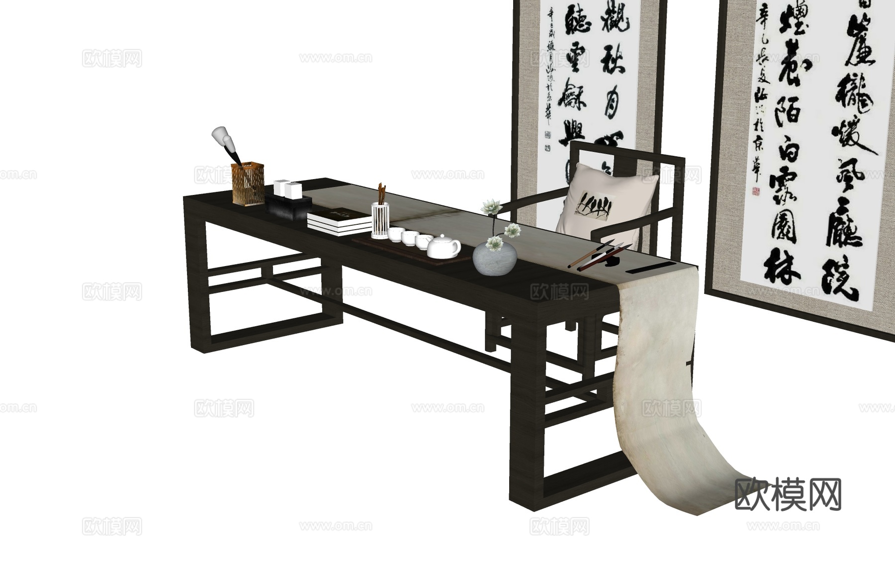 书桌椅餐椅扶手椅 文房四宝字画毛笔 茶具抱枕太师椅 书桌案几su模型