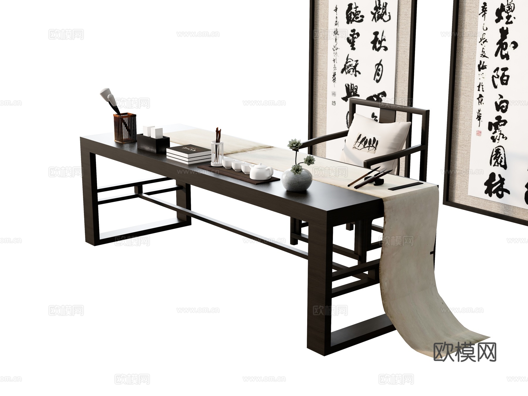 书桌椅餐椅扶手椅 文房四宝字画毛笔 茶具抱枕太师椅 书桌案几su模型
