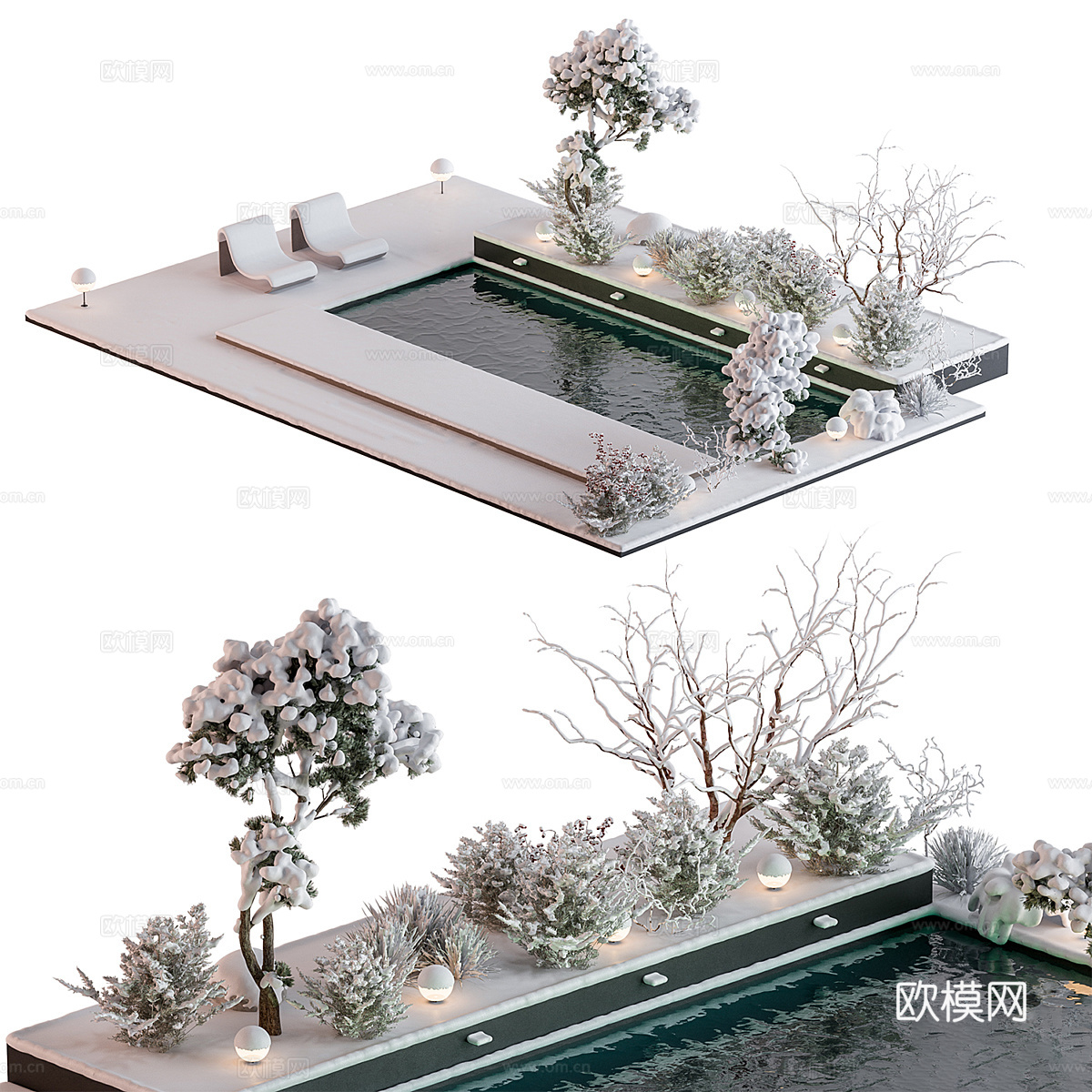 现代庭院雪景3d模型