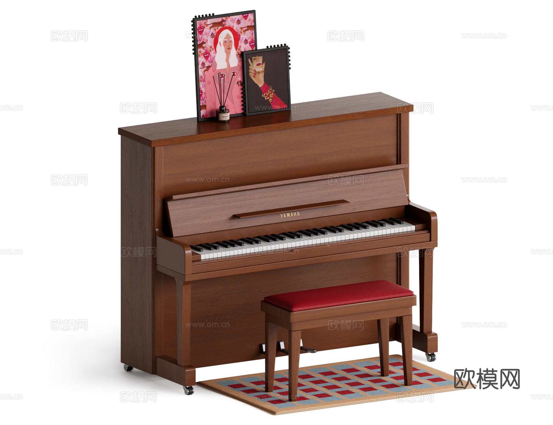 复古钢琴 立式钢琴 实木钢琴 格子地毯 复古摆画su模型