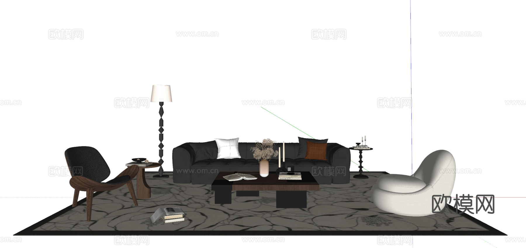 中古风沙发茶几组合 多人沙发 休闲沙发 落地灯su模型下载（渲染图2）