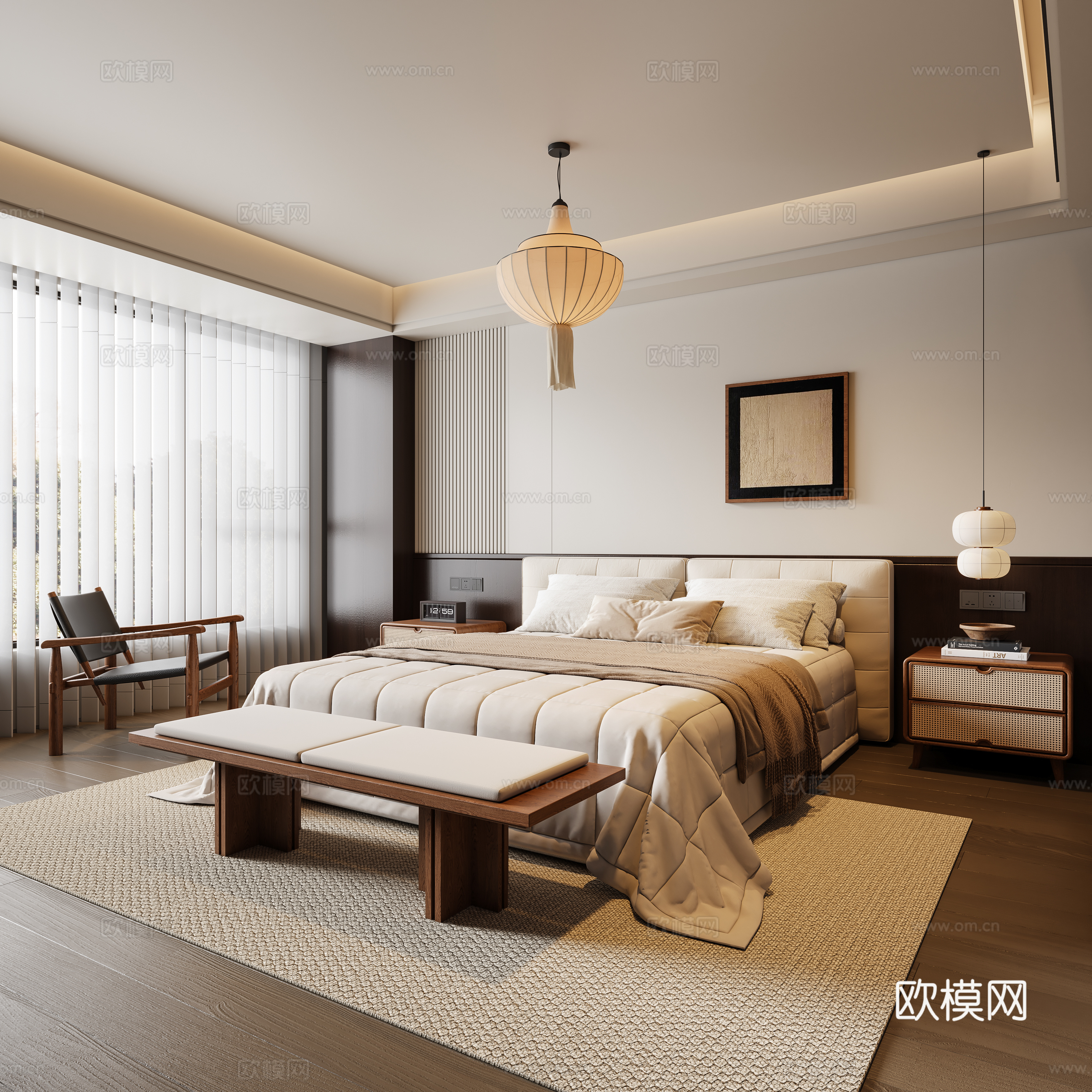 现代中古风卧室 布艺双人床 床头柜 吊灯 挂画 休闲椅 地毯su模型