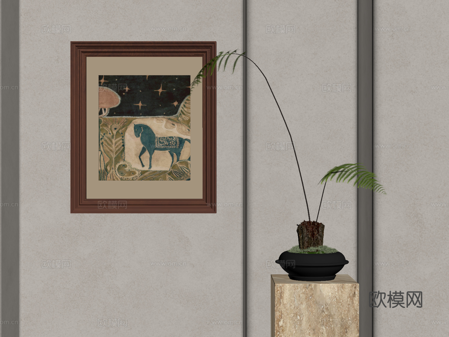 中古风绿植 装饰挂画su模型下载（渲染图2）