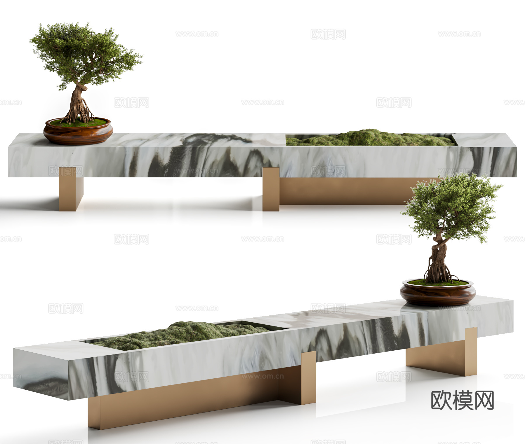 新中式景观长凳 大理石长凳 盆景 公园长凳su模型