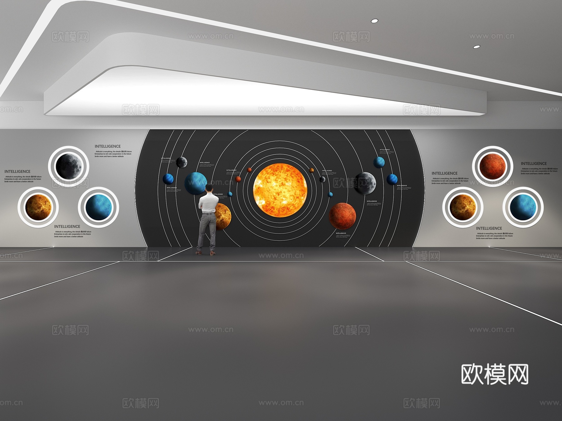 文化墙 九大行星 展示墙 主题墙 展厅 校园文化 走廊 教室su模型下载（渲染图1）