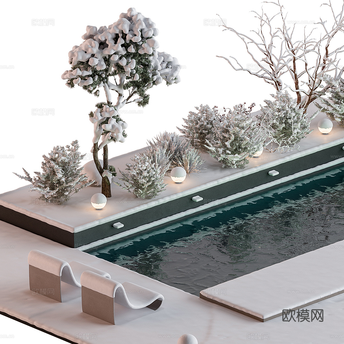 现代庭院雪景3d模型