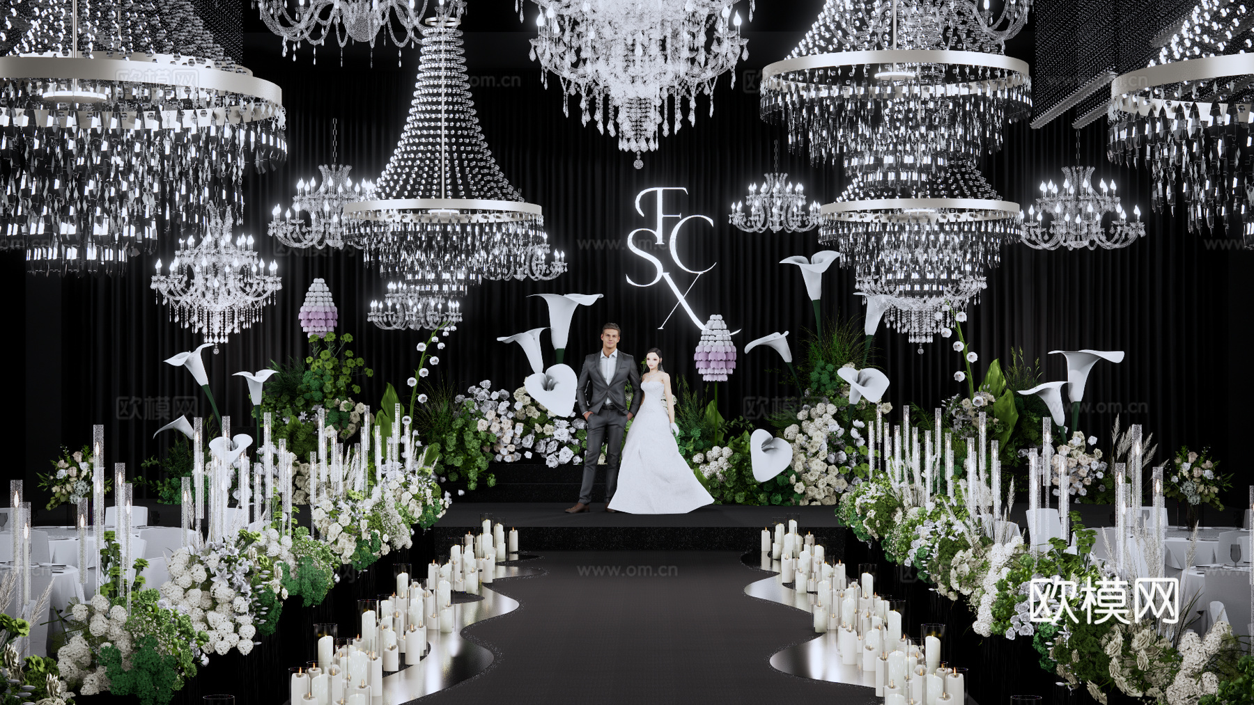 韩式秀场风水晶灯全厅吊顶婚礼场景su模型下载（渲染图1）