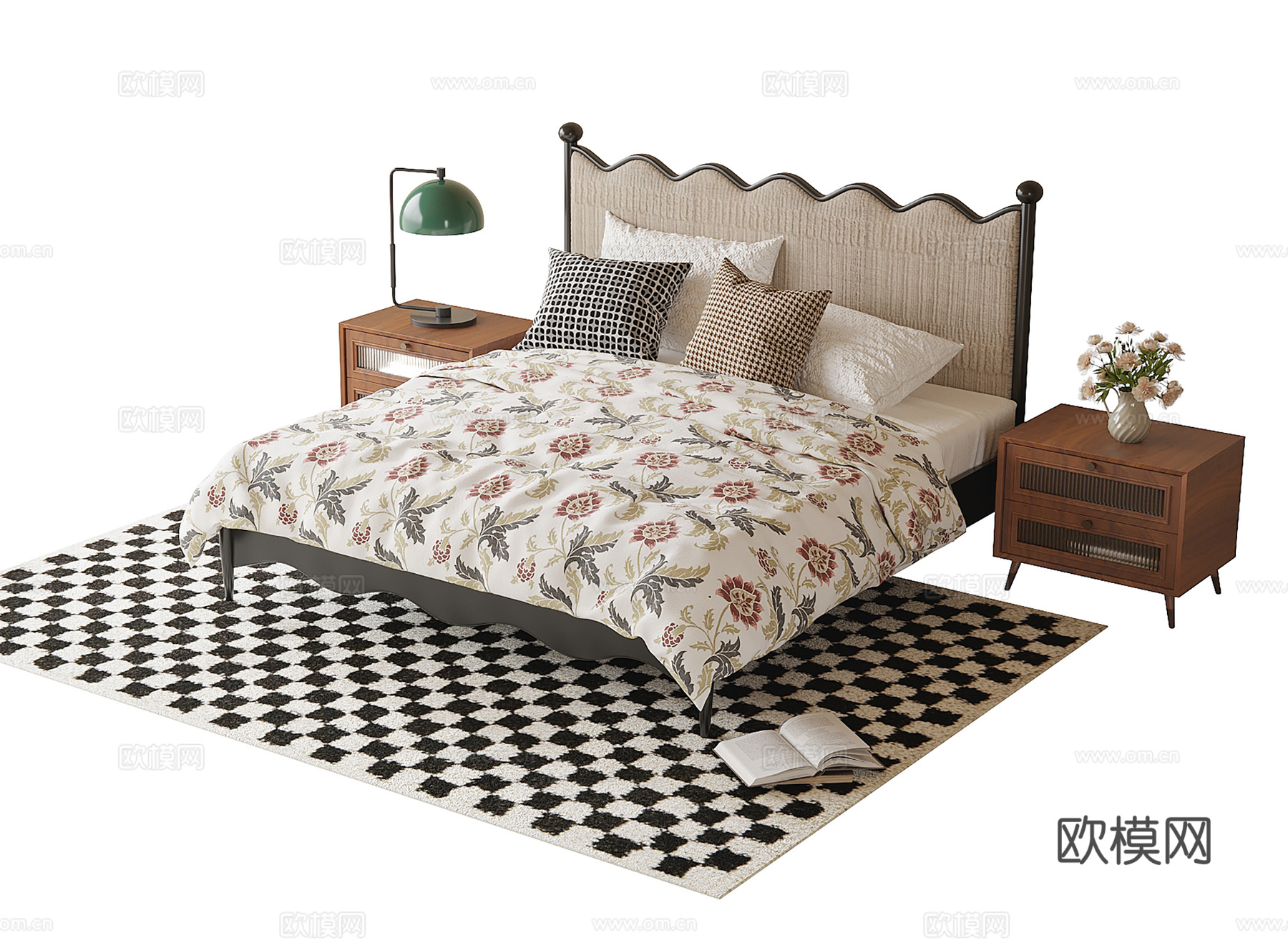 法式儿童床 床头柜 台灯 地毯su模型下载（渲染图1）