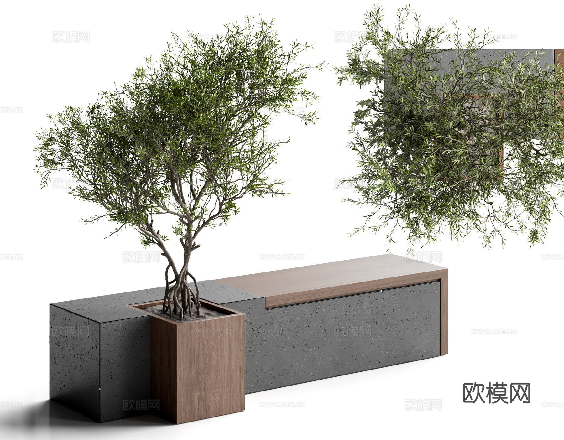 现代景观长凳 公共长凳 公园公共座椅 景观树 户外长凳su模型