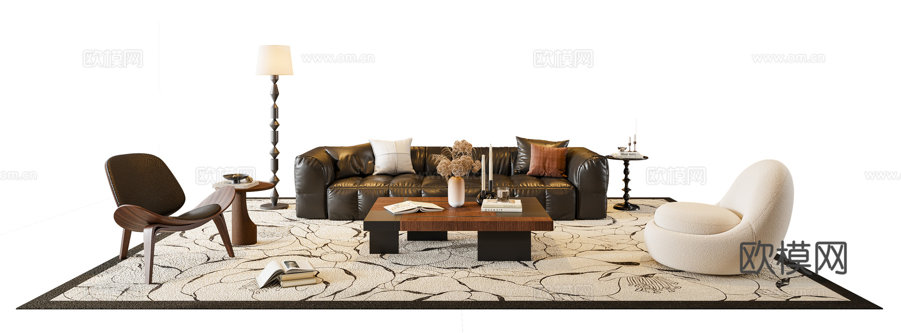 中古风沙发茶几组合 多人沙发 休闲沙发 落地灯su模型下载（渲染图1）