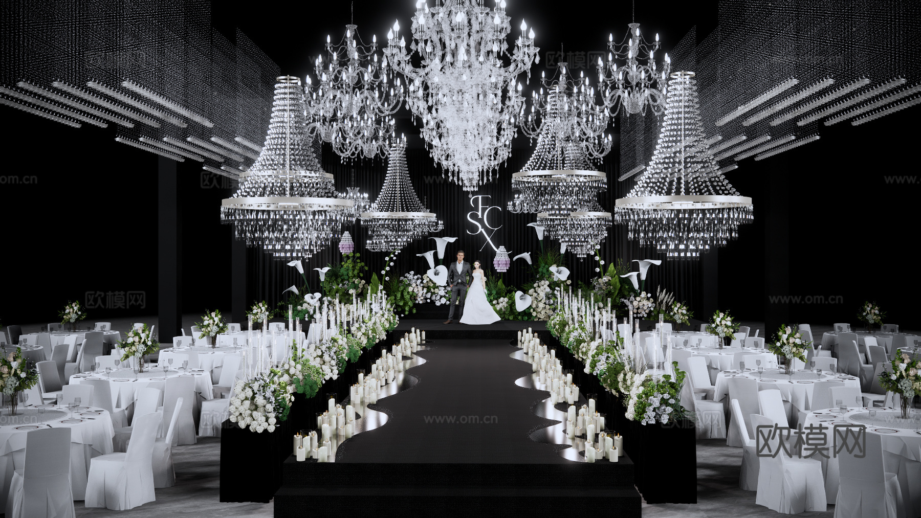 韩式秀场风水晶灯全厅吊顶婚礼场景su模型下载（渲染图2）