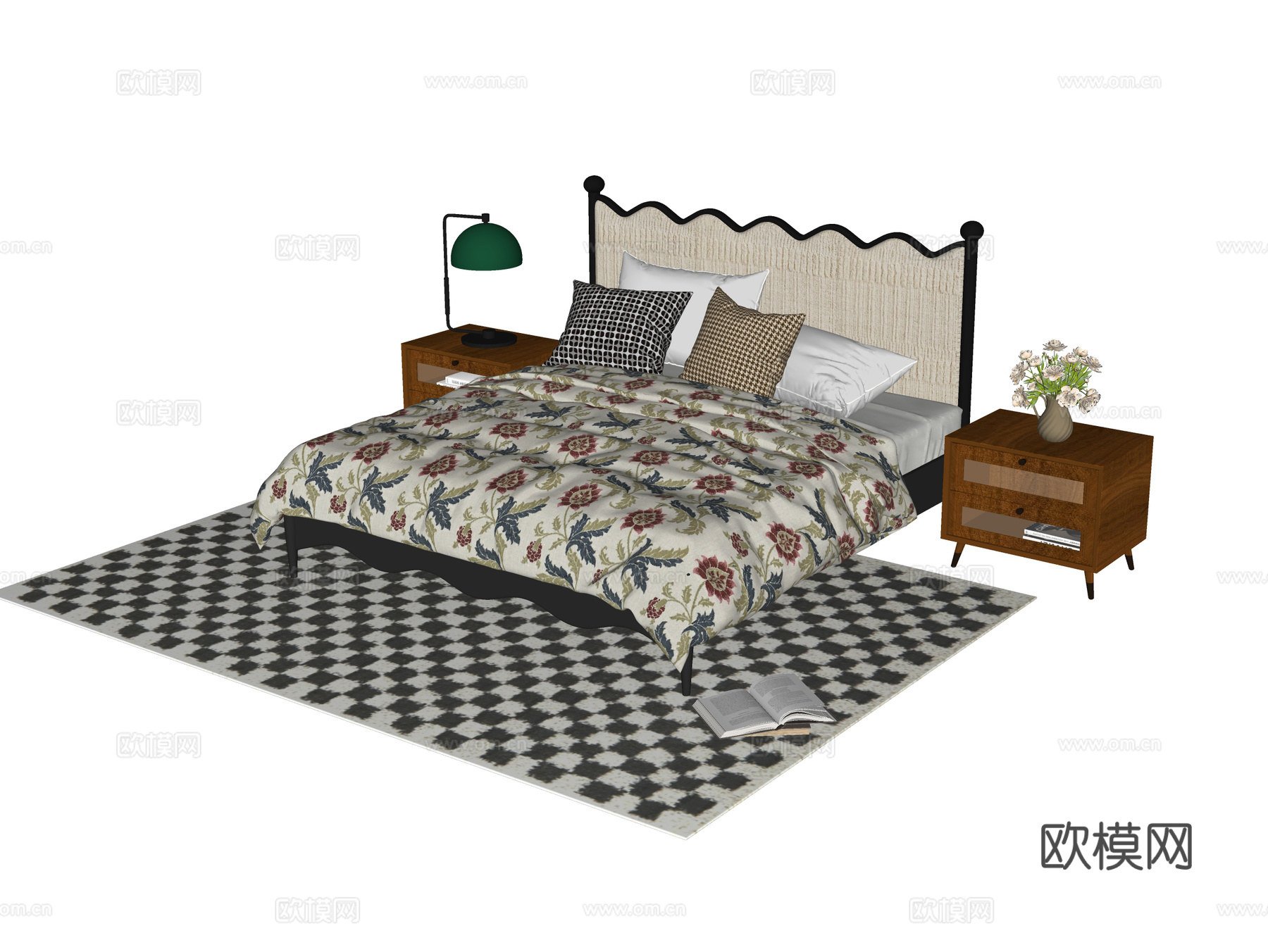 法式儿童床 床头柜 台灯 地毯su模型下载（渲染图2）