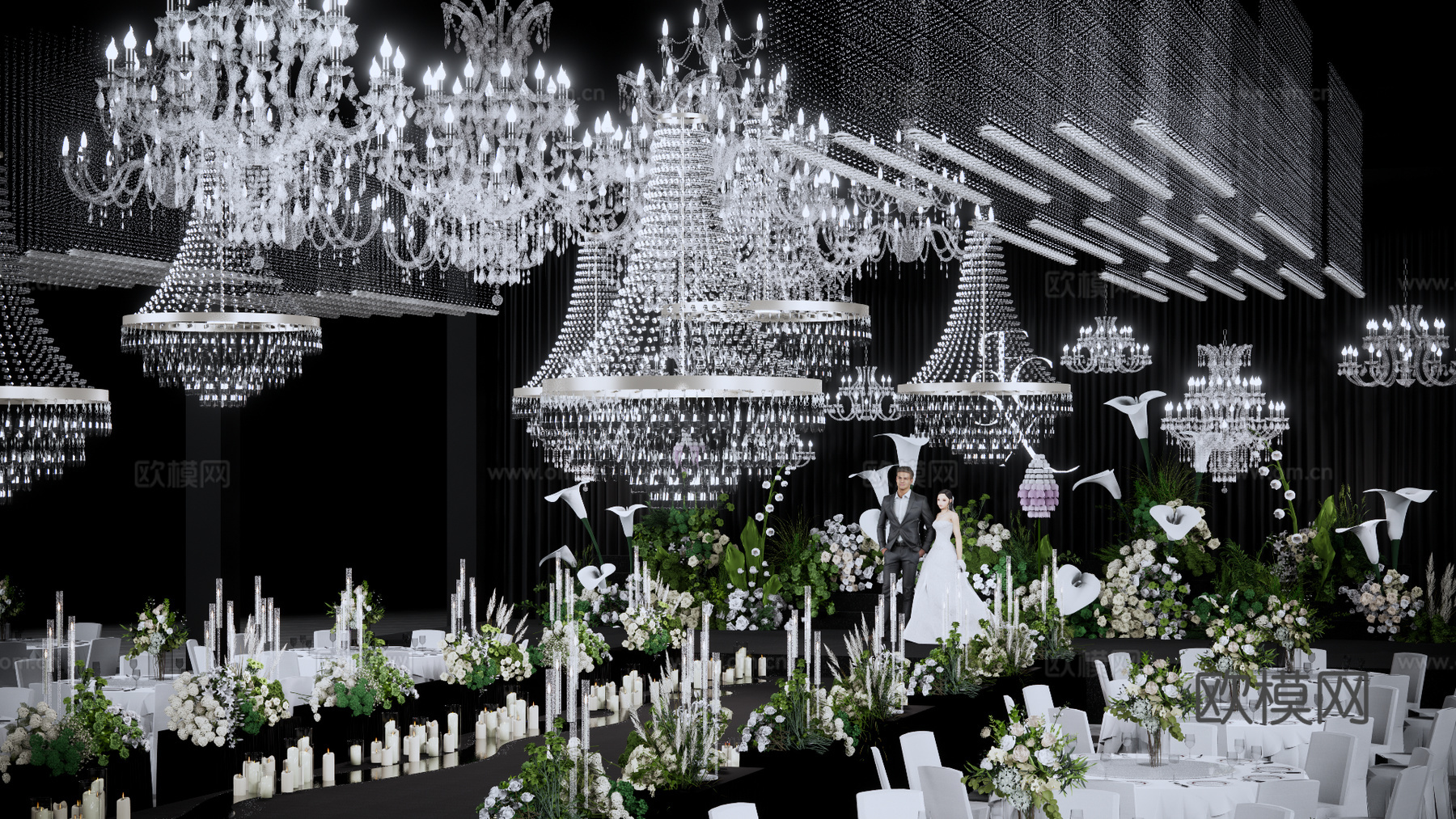 韩式秀场风水晶灯全厅吊顶婚礼场景su模型下载（渲染图3）
