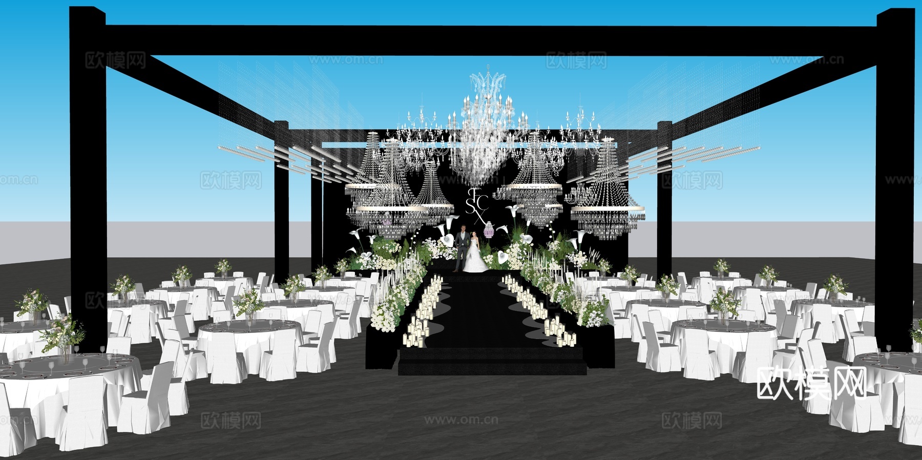 韩式秀场风水晶灯全厅吊顶婚礼场景su模型下载（渲染图5）