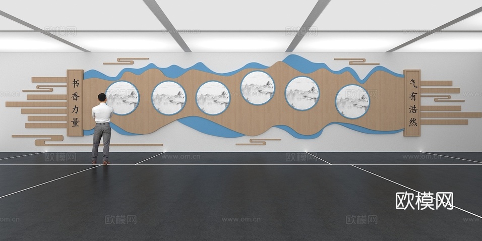 文化墙 国学文化墙 展示墙 展厅 校园文化 走廊 教室su模型下载(渲染图1)