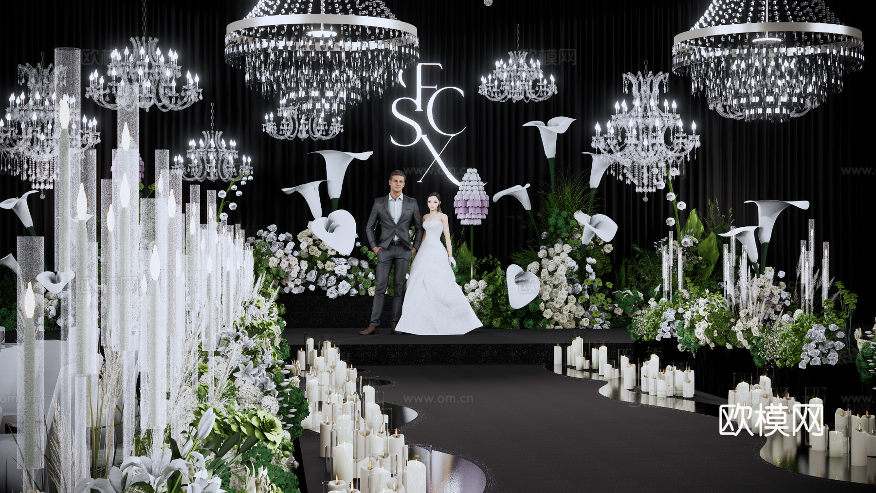 韩式秀场风水晶灯全厅吊顶婚礼场景su模型下载（渲染图4）