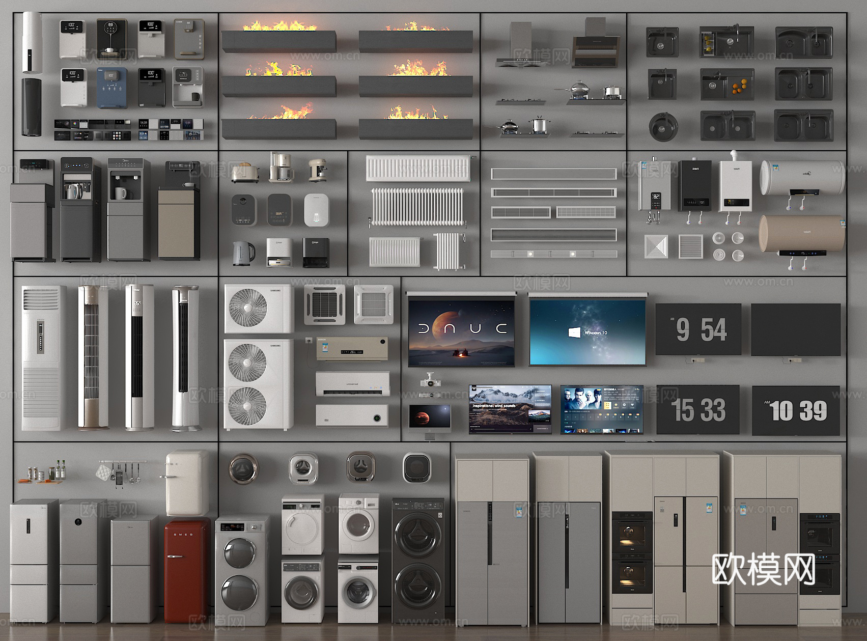空调 洗衣机 油烟机 控制面板 冰箱 扫地机器人 电器组合3d模型