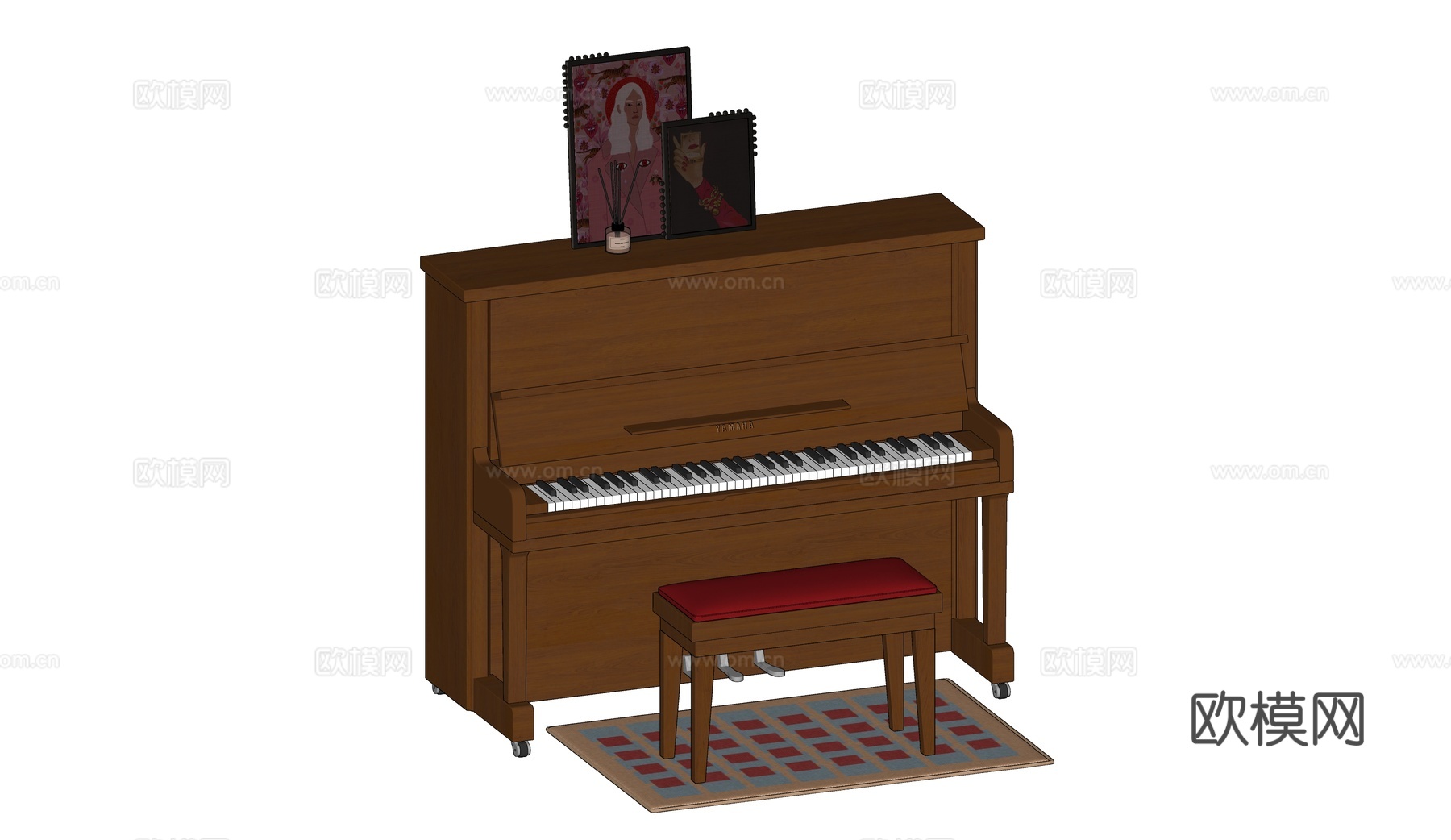 复古钢琴 立式钢琴 实木钢琴 格子地毯 复古摆画su模型