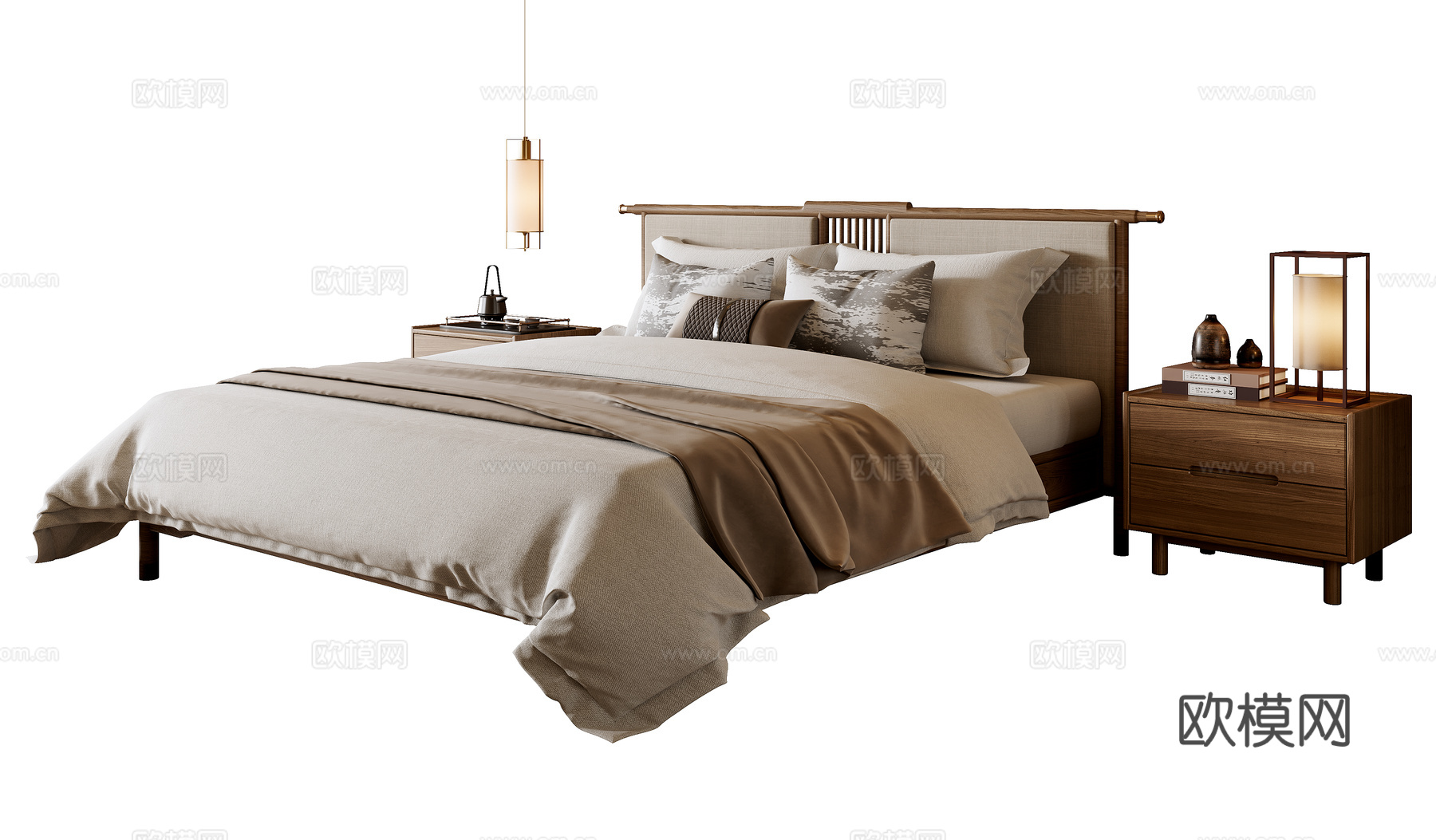 新中式双人床3d模型下载