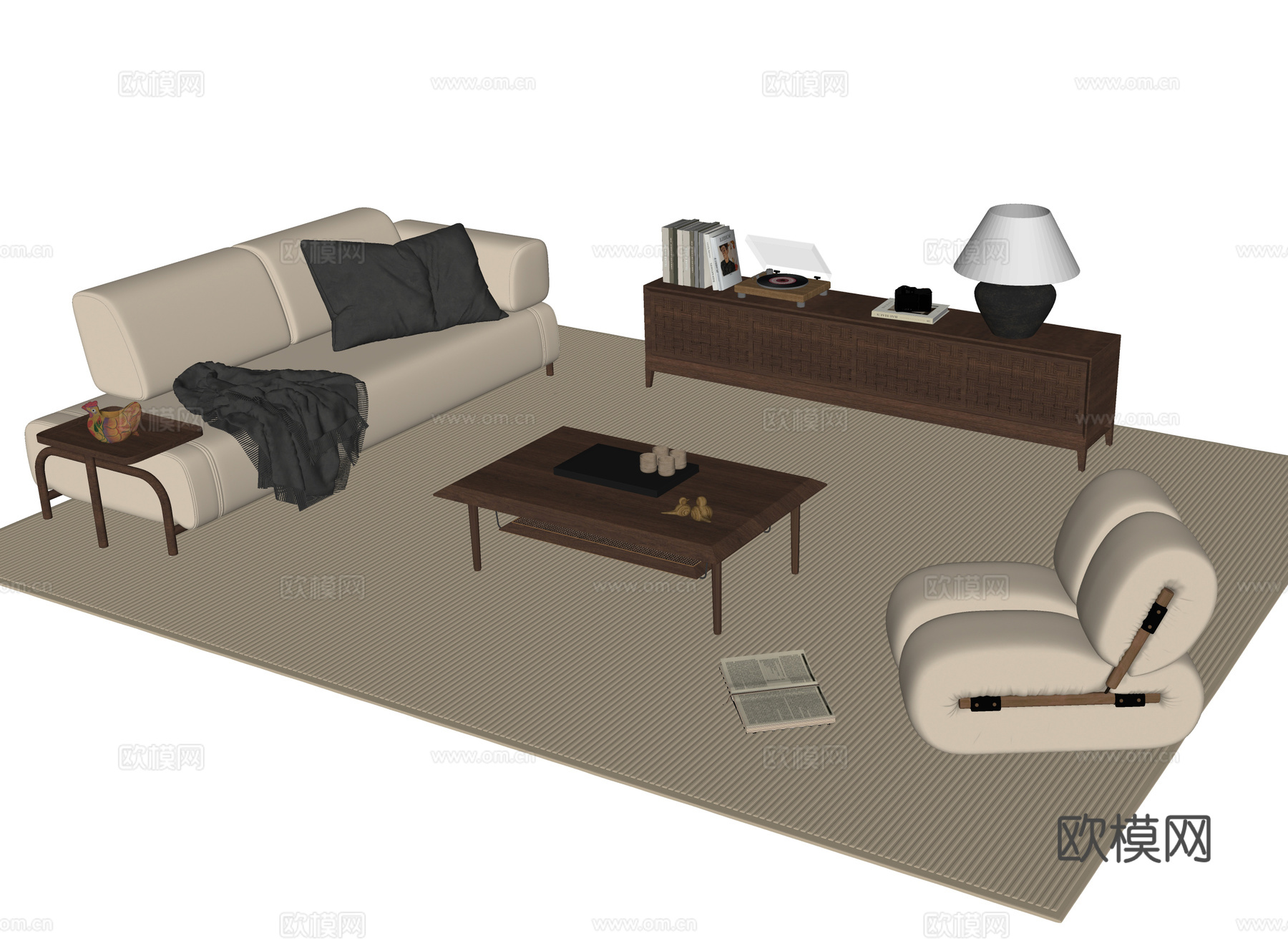 现代沙发茶几组合 多人沙发 茶几 电视柜su模型下载（渲染图2）