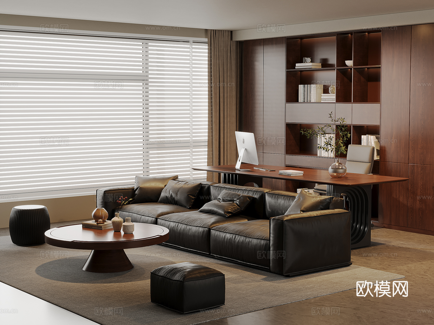 美式中古风客厅 皮革沙发茶几组合 实木书桌椅 实木书柜3d模型