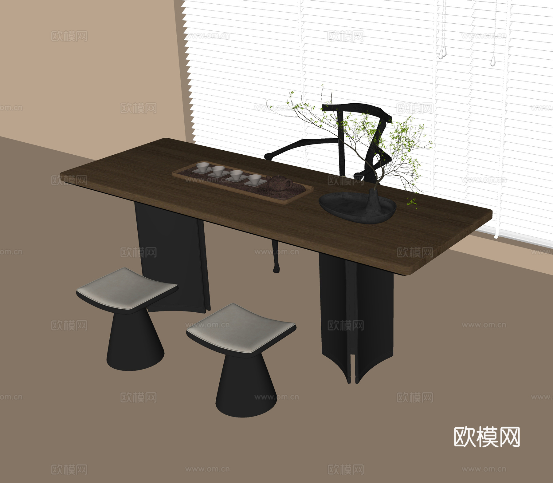 现代茶桌椅 凳子 茶具 百叶帘su模型